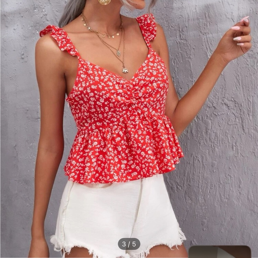 Red Floral Peplum Top 030